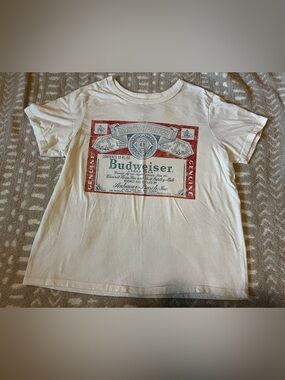 Hybrid Apparel White Short Sleeve Graphic Tee with Red and Blue Label Print